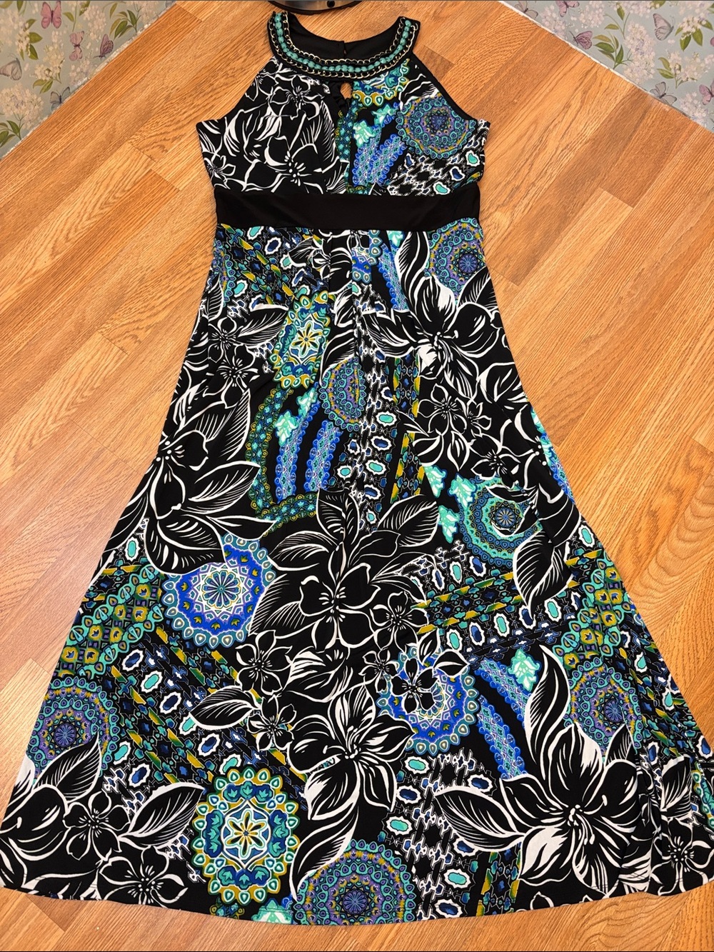 RN Studio By Ronnie Nicole embellished beaded black and teal floral maxi Size 14 - Picture 8 of 17